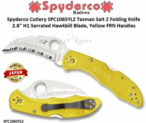 Spyderco Cutlery SPC106SYL2 Tasman Salt 2 Folding Knife 2.8" H1 Serrated Hawkbill Blade, Yellow FRN Handles