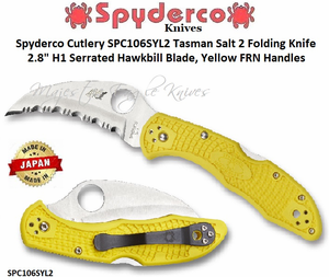 Spyderco Cutlery SPC106SYL2 Tasman Salt 2 Folding Knife 2.8" H1 Serrated Hawkbill Blade, Yellow FRN Handles Spyderco Cutlery SPC106SYL2 Tasman Salt 2 Folding Knife 2.8" H1 Serrated Hawkbill Blade, Yellow FRN Handles