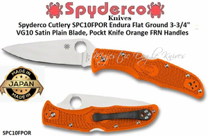 Spyderco Cutlery SPC10FPOR Spyderco Endura Flat Ground 3-3/4" VG10 Satin Plain Blade Orange FRN Handle Knife