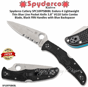 Spyderco Cutlery SPC10FPSBKBL Endura 4 Lightweight Thin Blue Line Pocket Knife 3.8" VG10 Satin Combo Blade, Black FRN Handles with Blue Backspacer 