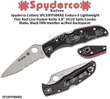 Spyderco Cutlery SPC10FPSBKRD Endura 4 Lightweight Thin Red Line Pocket Knife 3.8" VG10 Satin Combo Blade, Black FRN Handles w/Red Backspacer 
