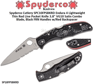 Spyderco Cutlery SPC10FPSBKRD Endura 4 Lightweight Thin Red Line Pocket Knife 3.8" VG10 Satin Combo Blade, Black FRN Handles w/Red Backspacer 