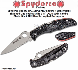 Spyderco Cutlery SPC10FPSBKRD Endura 4 Lightweight Thin Red Line Pocket Knife 3.8" VG10 Satin Combo Blade, Black FRN Handles w/Red Backspacer 