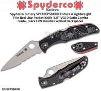 Spyderco Cutlery SPC10FPSBKRD Endura 4 Lightweight Thin Red Line Pocket Knife 3.8" VG10 Satin Combo Blade, Black FRN Handles w/Red Backspacer 