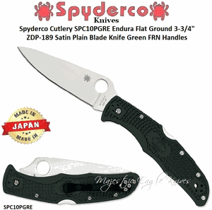 Spyderco Cutlery SPC10PGRE Endura Flat Ground 3-3/4" ZDP-189 Satin Plain Blade, Green FRN Handles 