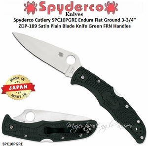 Spyderco Cutlery SPC10PGRE Endura Flat Ground 3-3/4" ZDP-189 Satin Plain Blade, Green FRN Handles Spyderco Cutlery SPC10PGRE Endura Flat Ground 3-3/4" ZDP-189 Satin Plain Blade, Green FRN Handles