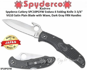 Spyderco Cutlery SPC10PGYW Endura 4 Folding Knife 3-3/4" VG10 Satin Plain Blade with Wave, Dark Gray FRN Handles Spyderco Cutlery SPC10PGYW Endura 4 Folding Knife 3-3/4" VG10 Satin Plain Blade with Wave, Dark Gray FRN Handles