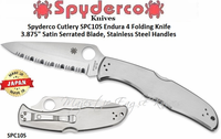 Spyderco Cutlery SPC10S Endura 4 Folding Knife 3.875" Satin Serrated Blade, Stainless Steel Handles 