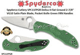 Spyderco Cutlery SPC11FPGR Spyderco Delica 4 Flat Ground 2-7/8" VG10 Satin Plain Blade, Green FRN Handle Knife
