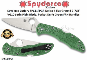 Spyderco Cutlery SPC11FPGR Spyderco Delica 4 Flat Ground 2-7/8" VG10 Satin Plain Blade, Green FRN Handle Knife Spyderco Cutlery SPC11FPGR Spyderco Delica 4 Flat Ground 2-7/8" VG10 Satin Plain Blade, Green FRN Handle Knife