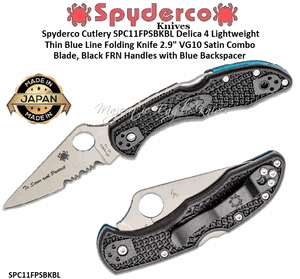 Spyderco Cutlery SPC11FPSBKBL Delica 4 Lightweight Thin Blue Line Folding Knife 2.9" VG10 Satin Combo Blade, Black FRN Handles with Blue Backspacer  
