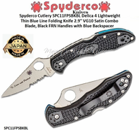 Spyderco Cutlery SPC11FPSBKBL Delica 4 Lightweight Thin Blue Line Folding Knife 2.9" VG10 Satin Combo Blade, Black FRN Handles with Blue Backspacer  