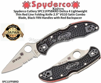 Spyderco Cutlery  SPC11FPSBKRD Delica 4 Lightweight Thin Red Line Folding Knife 2.9" VG10 Satin Combo Blade, Black FRN Handles with Red Backspacer  