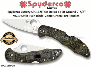 Spyderco Cutlery SPC11ZFPGR Delica 4 Flat Ground 2-7/8" VG10 Satin Plain Blade, Zome Green FRN Handles 