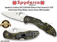 Spyderco Cutlery SPC11ZFPGR Delica 4 Flat Ground 2-7/8" VG10 Satin Plain Blade, Zome Green FRN Handles 