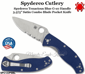 Spyderco Cutlery SPC122PSBL Tenacious Lightweight Folding Knife 3.39" S35VN Satin Combo Blade, Blue FRN Handles  