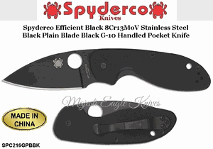 Spyderco Cutlery SPC216GPBBK Spyderco Efficient Black8 Cr13MoV Stainless Steel Black Plain Blade Black G10 Handled Pocket Knife