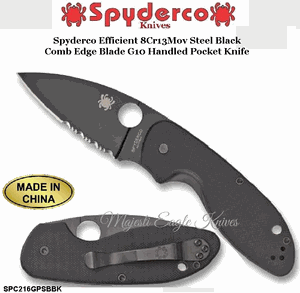 Spyderco Cutlery  SPC216GPSBBK Efficient8 Cr13Mov Steel Black Comb Edge Blade G10 Handled Pocket Knife