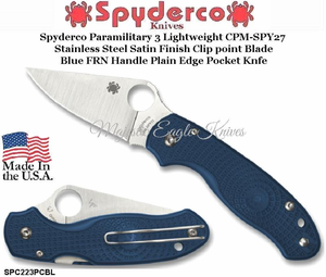Spyderco Cutlery SPC223PCBL Spyderco Para 3 Lightweight Folding Knife 2.92" CPM-SPY27 Satin Plain Blade, Cobalt Blue FRN Handles (Paramilitary 3) 