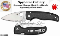 Spyderco Cutlery SPC229GS Spyderco Shaman Black G-10 Handle Compression Lock Full Serrated Satin Blade Knife