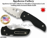 Spyderco Cutlery SPC230GS Spyderco Lil' Native Black G10 Handles Compression Lock Folding Satin Serrated Blade Knife