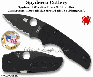 Spyderco Cutlery SPC230GSBBK Spyderco Lil' Native Black G10 Handles Compression Lock Black Serrated Blade Folding Knife