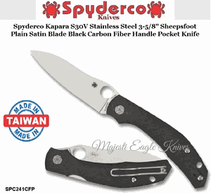 Spyderco Cutlery SPC241CFP Spyderco Kapara S30V Blade Stainless Steel  3-5/8" Sheepsfoot Plain Satin Blade Black Carbon Fiber Handle Pocket Knife