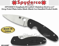 Spyderco Cutlery SPC245GP SPYDERCO Emphasis 8Cr13MoV Stainless Steel  2-1/2" Drop Point Plain Satin Blade Black G10 Handled Pocket Knife