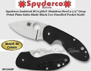 Spyderco Cutlery SPC246GP Spyderco Insistent 8Cr13MoV Stainless Steel  2-1/2" Drop Point Plain Satin Blade Black G10 Handled Pocket Knife