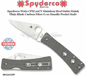 Spyderco Cutlery SPC251CFP Spyderco Watu CPM 20CV Stainless Steel Satin Finish Plain Blade Carbon Fiber G10 Handle Pocket Knife
