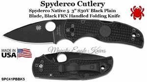 Spyderco Cutlery SPC41PBBK5 Spyderco Native 5 3" S30V Black Plain Blade, Black FRN Handled Folding Knife