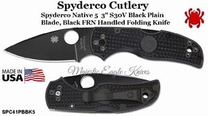 Spyderco Cutlery SPC41PBBK5 Spyderco Native 5 3" S30V Black Plain Blade, Black FRN Handled Folding Knife Spyderco Cutlery SPC41PBBK5 Spyderco Native 5 3" S30V Black Plain Blade, Black FRN Handled Folding Knife