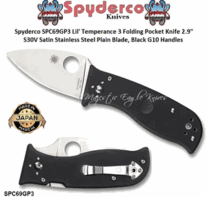 Spyderco Cutlery SPC69GP3 Spyderco Lil' Temperance 3 - 2.90" CPM-S30V Satin Plain Blade - Black G-10 Handled Folding Knife