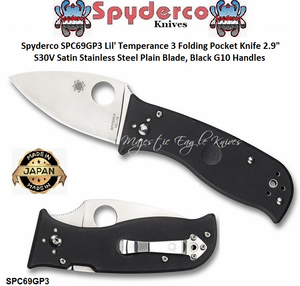 Spyderco Cutlery SPC69GP3 Spyderco Lil' Temperance 3 - 2.90" CPM-S30V Satin Plain Blade - Black G-10 Handled Folding Knife