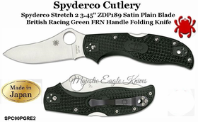 Spyderco Cutlery SPC90PGRE2 Spyderco Stretch 2 3.45" ZDP189 Satin Plain Blade, British Racing Green FRN Handle Folding Knife