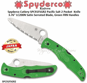 Spyderco Cutlery SPC91FSGR2 Pacific Salt 2 Pocket  Knife 3.76" LC200N Satin Serrated Blade, Green FRN Handles 