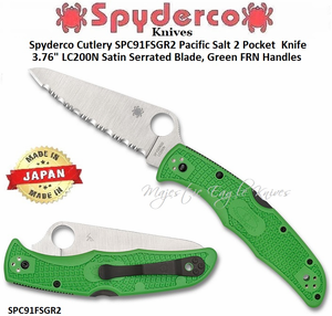 Spyderco Cutlery SPC91FSGR2 Pacific Salt 2 Pocket Knife 3.76" LC200N Satin Serrated Blade, Green FRN Handles Spyderco Cutlery SPC91FSGR2 Pacific Salt 2 Pocket Knife 3.76" LC200N Satin Serrated Blade, Green FRN Handles