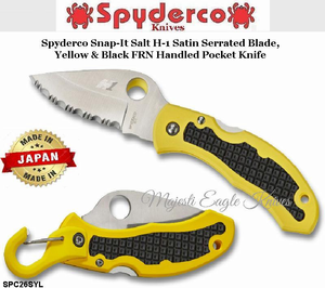 Spyderco Cutlery SPC26SYL Spyderco Snap-It Salt H-1 Satin Serrated Blade, Yellow & Black FRN Handled Pocket Knife