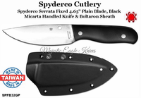 Spyderco Cutlery SPFB32GP Spyderco Serrata Fixed 4.65" Plain Blade, Black Micarta Handled Knife & Boltaron Sheath