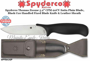 Spyderco Cutlery SPFB42GP Zoomer Fixed 5.2" CPM-20CV Satin Plain Blade, Black G10 Handles, Leather Sheath Spyderco Cutlery SPFB42GP Zoomer Fixed 5.2" CPM-20CV Satin Plain Blade, Black G10 Handles, Leather Sheath