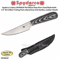 Spyderco Cutlery SPFB46GP Phil Wilson Bow River Fixed Blade Knife 4.4" 8Cr13MoV Trailing Point, Black/Gray G10 Handles, Leather Sheath 
