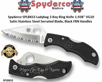 Spyderco Cutlery SPLBKS3 Ladybug 3 Key Ring Knife 1.938" VG10 Satin Stainless Steel Serrated Blade, Black FRN Handles  