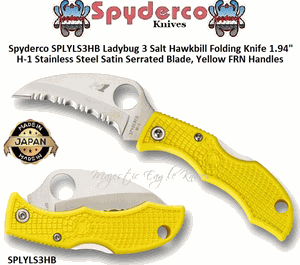 Spyderco Cutlery SPLYLS3HB Ladybug 3 Salt Hawkbill Folding Knife 1.94" H-1 Stainless Steel Satin Serrated Blade, Yellow FRN Handles    