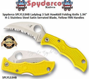 Spyderco Cutlery SPLYLS3HB Ladybug 3 Salt Hawkbill Folding Knife 1.94" H-1 Stainless Steel Satin Serrated Blade, Yellow FRN Handles    