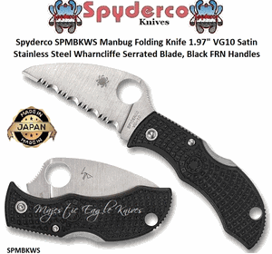Spyderco Cutlery SPMBKWS Manbug Folding Knife 1.97" VG10 Satin Stainless Steel Wharncliffe Serrated Blade, Black FRN Handles 