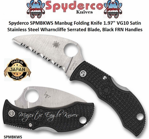 Spyderco Cutlery SPMBKWS Manbug Folding Knife 1.97" VG10 Satin Stainless Steel Wharncliffe Serrated Blade, Black FRN Handles Spyderco Cutlery SPMBKWS Manbug Folding Knife 1.97" VG10 Satin Stainless Steel Wharncliffe Serrated Blade, Black FRN Handles