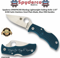 Spyderco Cutlery SPMFPK390 Manbug Lightweight Folding Knife 1.97" K390 Satin Stainless Steel Plain Blade, Blue FRN Handles 