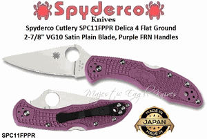 Spyderco Knives SC11FPPR Spyderco Delica 4 Flat Ground 2-7/8" VG10 Satin Plain Blade, Purple Fiberglass Reinforced Nylon Handled Lockback Folding Pocket Knife