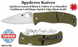 Spyderco Knives SPC217GS Spyderco Layered Black & Yellow G-10 Handled Caribbean Leaf Shape Spyder Edge Blade Knife