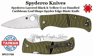 Spyderco Knives SPC217GS Spyderco Layered Black & Yellow G-10 Handled Caribbean Leaf Shape Spyder Edge Blade Knife